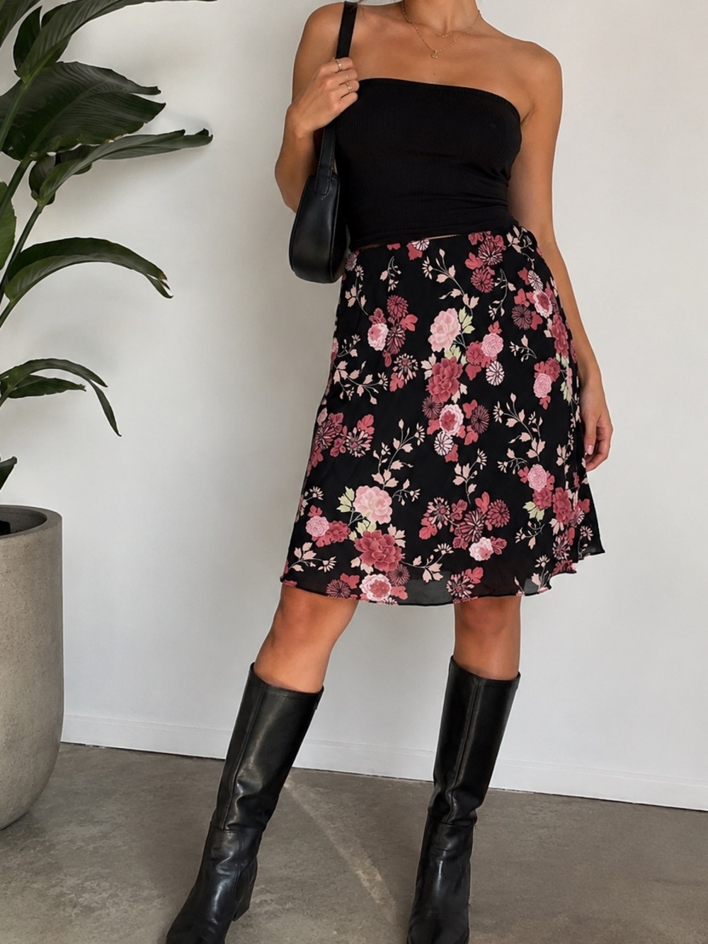 Hillard & Hanson Floral Midi‎ Skirt Slip Size PM Black Pink Office Evening 90s